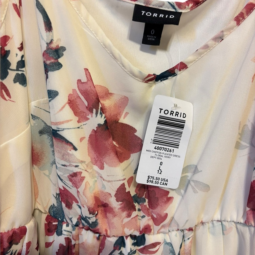 NWT‎ Torrid Women's Floral Midi Chiffon Pleated Dress White/Pinks Size 0 - Picture 5 of 9